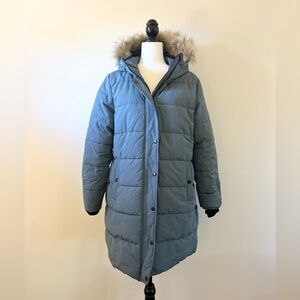 NWOT Women's Blue Long Parka Winter Jacket Puffer, Vegan down - Size Large